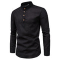 Men's Long-Sleeved Shirt Solid Color Stand-Up Collar Cotton And Linen Shirt