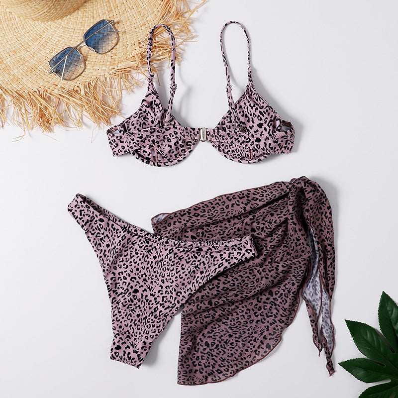 Leopard Print Skirt Three-Piece Swimsuit